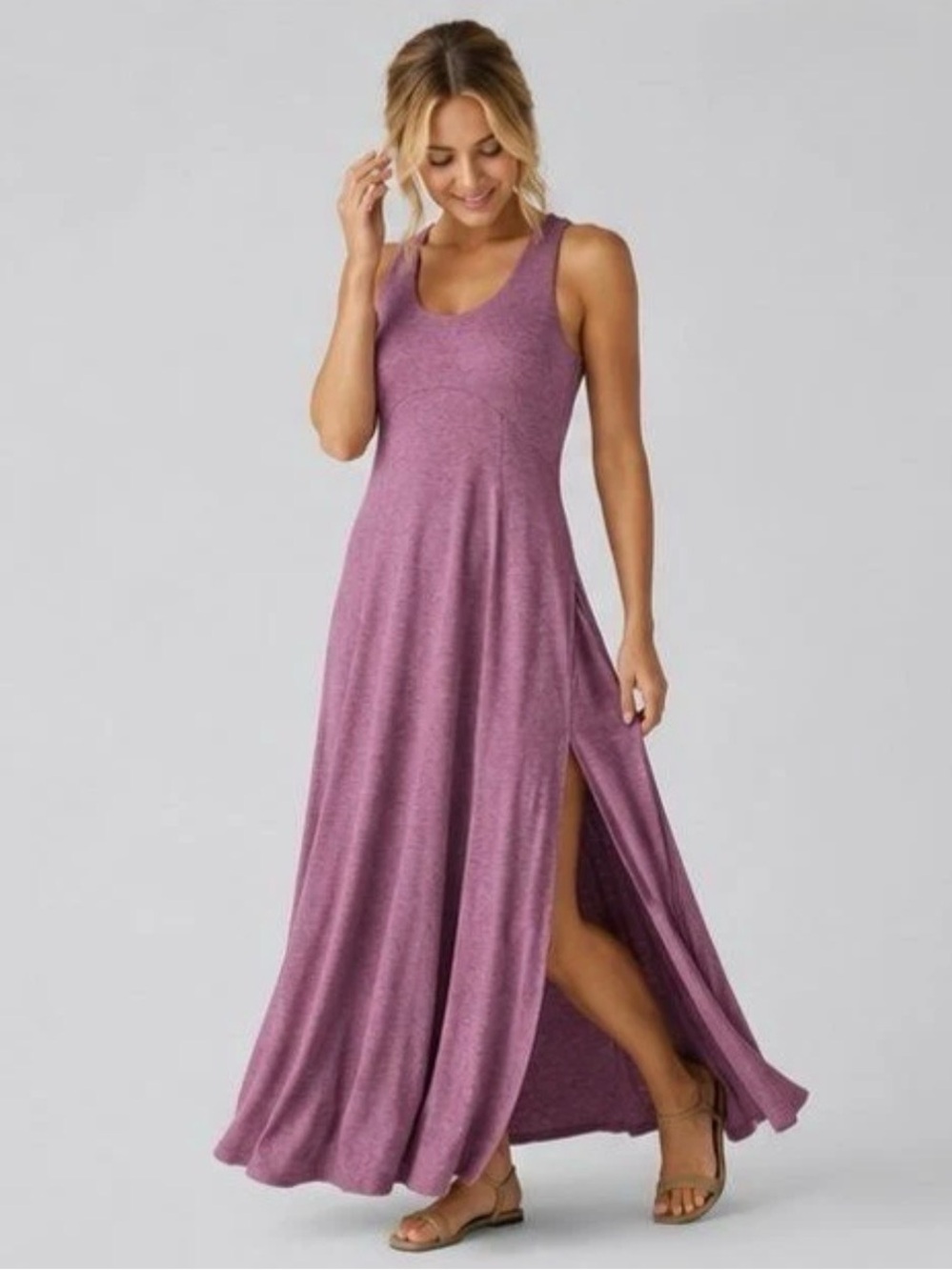 Halara U Neck Flowy Maxi Casual Tank Dress Violet Floral Yarn Medium Flowy Slit